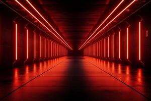 Futuristic tunnel with glowing orange neon lights, sleek walls, and reflective floor creates dramatic atmosphere. Perfect for sci fi themes and modern design photo