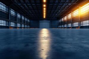 spacious industrial hangar with steel walls and polished concrete floor, illuminated by warm light from large windows. atmosphere is calm and inviting photo
