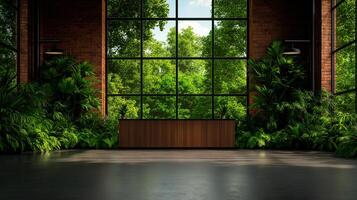 modern office interior featuring spacious open area with large glass walls, surrounded by lush greenery and wooden reception desk. natural light creates vibrant atmosphere photo