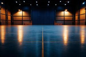 spacious industrial hangar with large metal door, featuring clean, polished floor and warm lighting. atmosphere is calm and organized, ideal for various activities photo