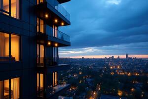 high rise residential building with illuminated balconies overlooks city skyline at dusk. warm lights contrast with cool evening sky, creating serene urban atmosphere photo