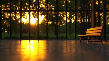 serene interior view featuring wooden bench beside large glass windows, showcasing beautiful sunset with warm golden light filtering through trees photo
