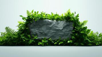photorealistic rock surrounded by lush green foliage creates serene and natural atmosphere. vibrant plants enhance stone texture, making it ideal backdrop for various designs photo