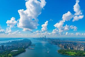 Aerial view of New York City skyline with vibrant clouds and water. scene captures beauty of urban architecture against bright blue sky, evoking sense of wonder and exploration photo