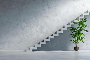 modern interior featuring white wall and staircase on right side, complemented by green plant in pot, creating serene atmosphere photo