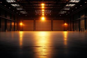 spacious industrial hangar with large steel doors and polished concrete floor, illuminated by warm overhead lights, creating dramatic atmosphere photo