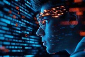 young person with glasses gazes intently at digital display filled with glowing data streams, symbolizing technology and innovation photo
