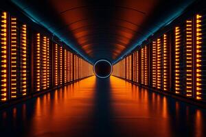 futuristic corridor with glowing orange lights and circular portal at end creates captivating atmosphere. sleek design and vibrant colors evoke sense of advanced technology and mystery photo