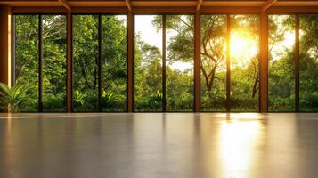 spacious empty room with large windows showcasing vibrant green landscape and sunlight streaming in, creating warm and inviting atmosphere photo