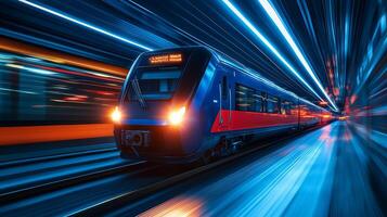High speed train in motion with blue and red design, creating dynamic blur effect. scene captures essence of speed and modern transportation photo