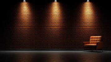 cozy orange chair against textured brick wall, illuminated by three spotlights, creates warm and inviting atmosphere photo