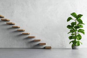 Modern staircase with wooden steps against textured white wall, complemented by large green plant in pot, creating serene and stylish interior space photo