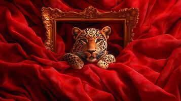 hyper realistic digital painting of leopard framed by luxurious red fabric, exuding elegance and majesty. vibrant colors and intricate details create captivating visual experience photo