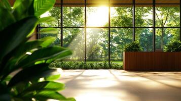 modern office interior featuring large windows, abundant greenery, and natural light streaming in, creating serene and inviting atmosphere photo