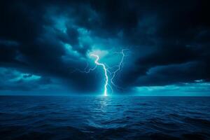 stunning photograph of dark stormy sea with lightning illuminating sky, creating dramatic and intense atmosphere turbulent waves reflect ominous clouds above photo