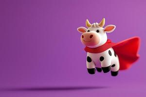 playful 3D render of flying cow wearing red cape against vibrant purple background, evoking sense of fun and imagination photo