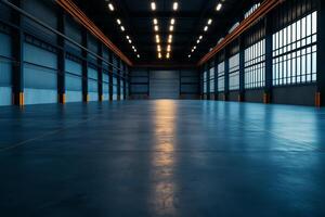 spacious industrial hangar with steel walls and polished concrete floor, illuminated by bright overhead lights, creating modern and functional atmosphere photo