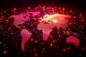 Digital world map with global connectivity and network visualization, showcasing vibrant colors and intricate patterns. This represents interconnectedness of our digital landscape photo
