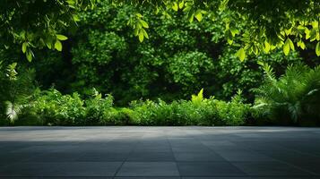 serene empty concrete wall background with lush minimal garden, featuring vibrant green foliage and tranquil atmosphere. Perfect for relaxation and nature inspired settings photo