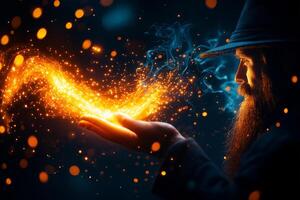 wizard with long beard and hat conjures powerful spell, surrounded by glowing sparks and swirling smoke. atmosphere is magical and enchanting, evoking sense of wonder photo