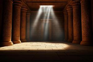 Ancient Egyptian temple interior with illuminated columns and doorway, showcasing intricate carvings and mystical atmosphere photo