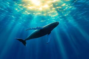 Humpback whale swimming gracefully in ocean, illuminated by sunlight filtering through water serene underwater scene showcasing marine life photo
