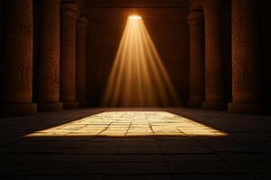 Ancient Egyptian temple interior with carved walls and sunlight beams illuminating stone floor, creating mystical atmosphere photo