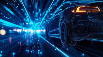 wireframe hologram of electric car in motion, showcasing dynamic light trails and futuristic background. image evokes sense of speed and innovation photo