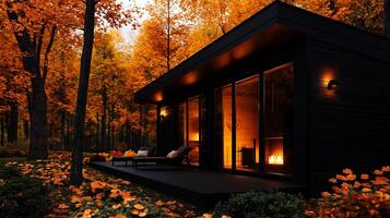 sleek black cabin with large windows surrounded by vibrant autumn foliage, creating cozy atmosphere with warm glow from fireplace photo