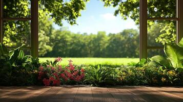 serene view of modern garden with vibrant flowers and lush greenery, framed by open windows, inviting nature indoors photo