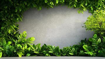 Minimal garden with lush green foliage surrounding concrete wall, creating serene and tranquil atmosphere. Perfect for nature inspired designs photo