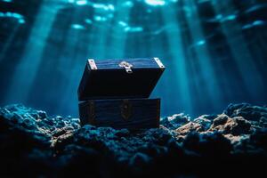 open treasure chest in center of underwater scene, surrounded by rocks and illuminated by beams of light. atmosphere evokes mystery and adventure photo
