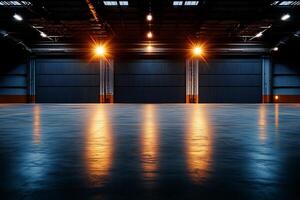 spacious industrial hangar with large steel doors and polished concrete floor, illuminated by warm overhead lights creating dramatic atmosphere photo