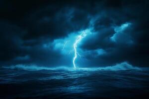dramatic stormy sea with lightning illuminating dark clouds, creating powerful and intense atmosphere. turbulent wave crash against each other under photo