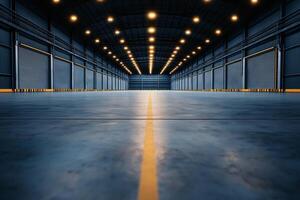 spacious hangar with wide open doors, featuring polished concrete floor and bright overhead lights, creating modern industrial atmosphere photo