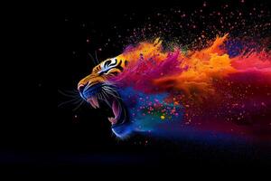 colorful tiger head with vibrant splashes of paint, showcasing dynamic and artistic design. image captures essence of creativity and wildness photo