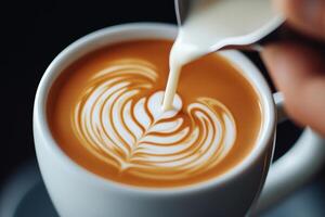 barista skillfully creates latte art by pouring milk into cup of coffee, showcasing intricate designs. warm tones of beverage enhance inviting atmosphere photo