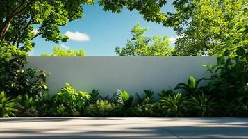 serene outdoor scene featuring modern concrete wall surrounded by lush greenery and vibrant plants under clear blue sky. tranquil atmosphere invites relaxation and contemplation photo