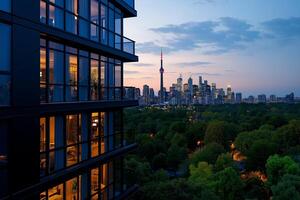 stunning view of high rise residential building overlooking Toronto skyline at dusk, showcasing modern architecture and vibrant city lights photo