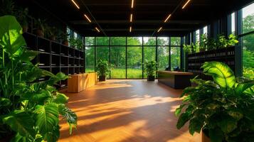 Modern office interior with large open space, high ceilings, and abundant greenery. design features wooden flooring, large windows, and bright, inviting atmosphere photo