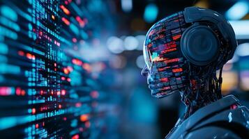futuristic AI robot with digital interface is working on computer, surrounded by vibrant data streams. scene conveys sense of advanced technology and innovation photo