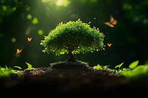 beautiful bonsai tree in lush forest, surrounded by butterflies and vibrant greenery, creating serene and enchanting atmosphere photo