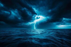 stunning photograph of dark stormy sea with lightning illuminating sky, creating dramatic and intense atmosphere photo