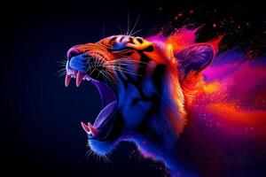 colorful tiger roaring in vibrant art style, showcasing dynamic splashes of color and intricate details. This artwork captures fierce essence of tiger photo