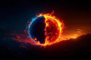 planet split in two, one side glowing red hot and other cool blue, set against dramatic sunset over mountains. scene evokes sense of cosmic contrast and beauty photo