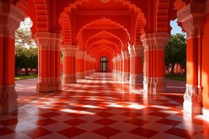 stunning Indian palace interior featuring vibrant red walls and intricate architectural details. sunlight casts beautiful patterns on checkered floor, creating warm and inviting atmosphere photo
