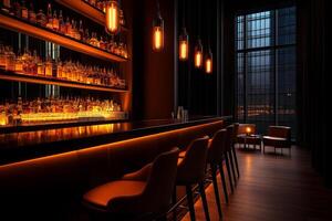 modern luxury bar interior featuring illuminated shelves filled with various spirits, stylish seating, and warm lighting creating inviting atmosphere photo