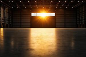 spacious industrial hangar with large metal door, illuminated by warm glow of setting sun. clean floor reflects light, creating serene atmosphere photo