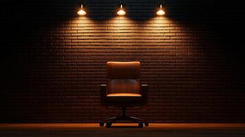modern office chair illuminated by three spotlights against dark brick wall, creating dramatic atmosphere. warm lighting highlights chair design and texture photo