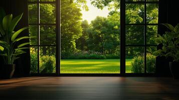 serene view of lush garden through large windows, showcasing vibrant greenery and sunlight filtering in, creating peaceful atmosphere photo